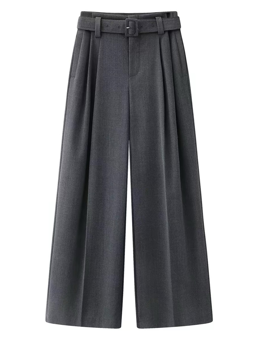 New Elegant Charcoal Grey Wide-Leg Trousers with Belt